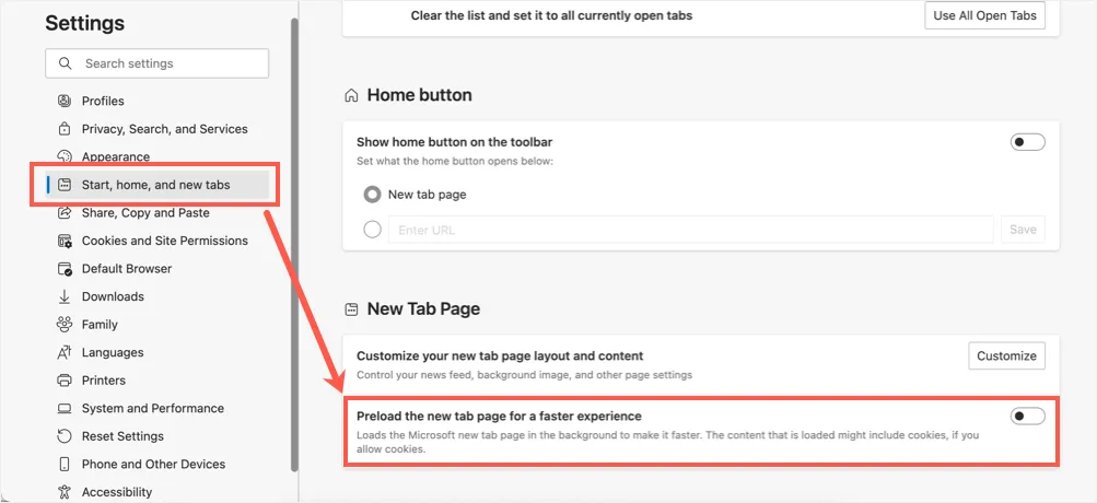 Precargar la página Nueva pestaña en Edge