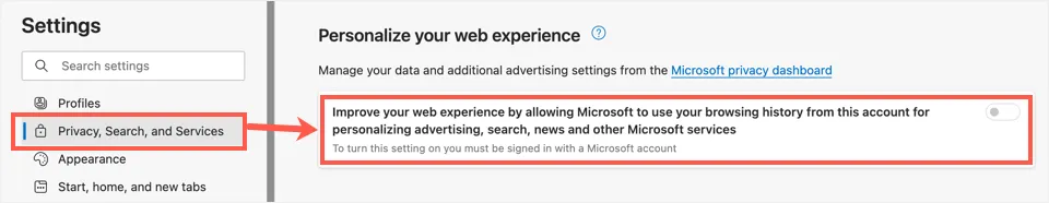 ปิดการใช้งานปรับแต่งประสบการณ์เว็บ