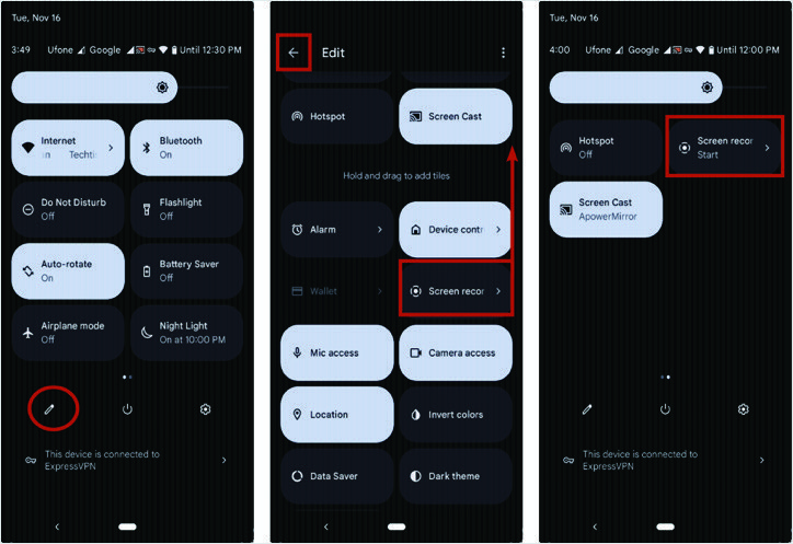 快速設置菜單中的屏幕錄像機