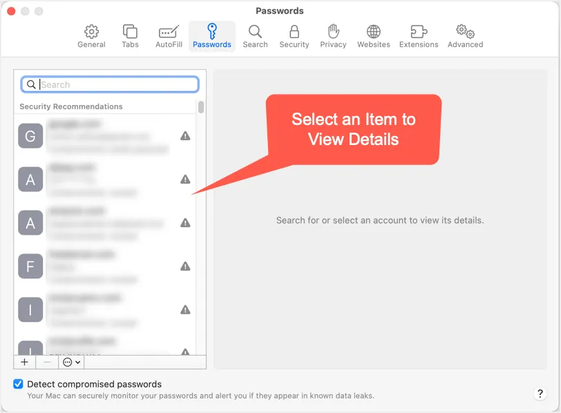 Abschnitt zum Safari-Passwort-Manager
