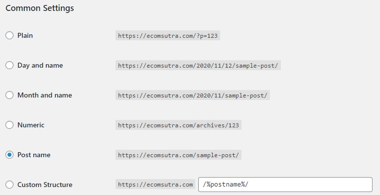 Ghidul final pentru WooCommerce SEO cu Lista de verificare 2 WordPress Permalinks formats