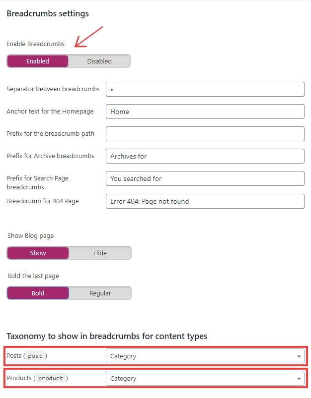 Ghidul final pentru WooCommerce SEO cu Lista de verificare 19 Yoast Breadcrumbs enable