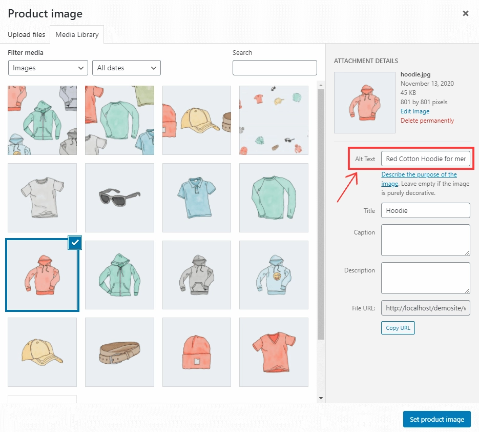 Ghidul final pentru WooCommerce SEO cu Lista de verificare 14 Woocommerce product image alt text