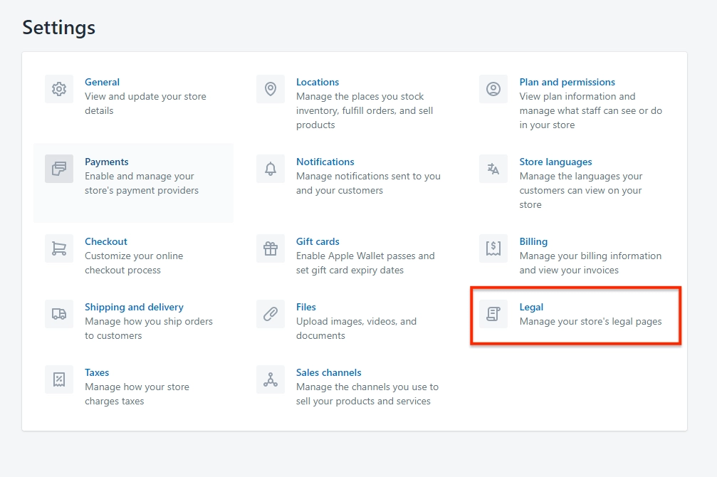 Shopify-Tutorial zum Starten Ihres ersten Online-Shops 12 Shopify legal setting