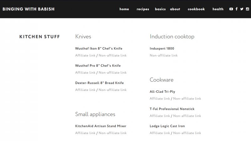 A lista de equipamentos com links de afiliados no site Binging With Babish.