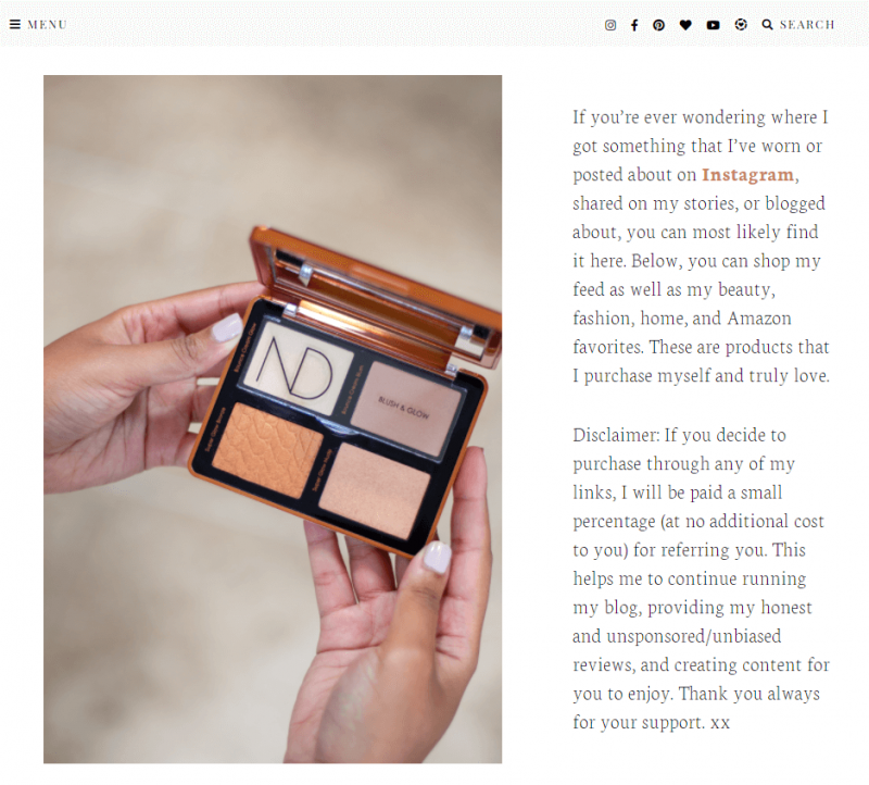 Um exemplo de marketing de afiliados visto no blog The Luxe Minimalist.