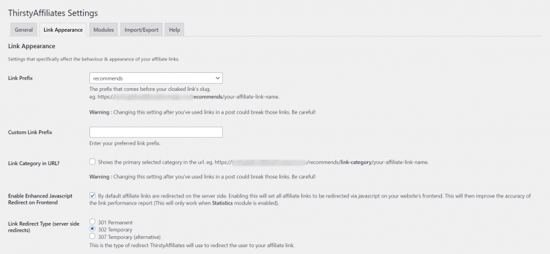 Bağlantı görünümü için ThirstyAffiliates ayarları.
