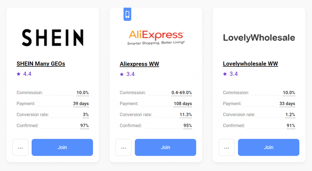 Zrzut ekranu kilku ofert dostarczonych przez Admitad.
