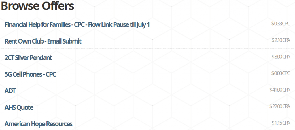 Zrzut ekranu kilku ofert dostarczonych przez RevenueAds.