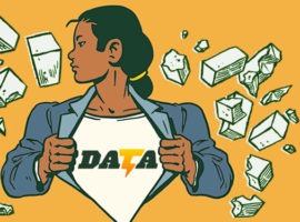 รูปภาพของผู้หญิงที่สวมเสื้ออยู่ใต้เสื้อเบลเซอร์ อ่านว่า: data ซากปรักหักพังระเบิดอยู่ข้างหลังเธอ สิ้นสุดคุกกี้ของบุคคลที่สาม