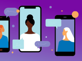 Tres teléfonos inteligentes con burbujas de conversación y ventanas de chat, que muestran tres caras de mujeres diferentes. El comercio minorista tendrá éxito o fracasará en función de la calidad de la CX minorista móvil para sus clientes.