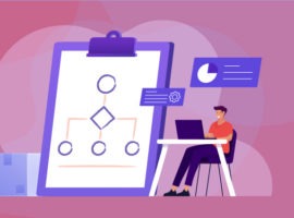 L'uomo si siede al computer che valuta la griglia mettendo la persona al primo posto nella strategia. Soluzioni cloud per le risorse umane