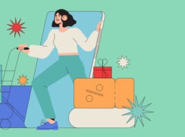 B2B 고객 경험 사례를 나타내는 스마트폰, 카트를 든 여성 소비자의 이미지