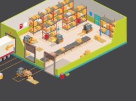 تُظهر الصورة منشأة مستودع بها شاحنة كبيرة مدعومة في رصيف التحميل ، وتوجد بالداخل خطوط وصناديق تشير إلى أفضل الممارسات اللوجستية للتوزيع.