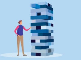 Una persona non binaria impila i pezzi in una torre di dati. CDP