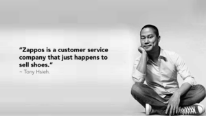 Photo de Tony Hsieh avec une citation sur le fait d'être une entreprise de service client qui vend des chaussures.
