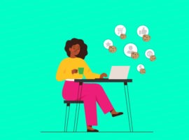 Una mujer negra se para frente a una computadora mientras las galletas explotan ante sus ojos. Las cookies de terceros desaparecen. CDP