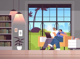 Immagine di persone che acquistano online dal proprio divano che rappresentano una vetrina digitale.