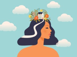 Imagem de mulher de perfil, acima de sua cabeça está uma árvore cercada por flores e árvores. Nuvens giram em torno dela. Bem-estar dos funcionários e WFH