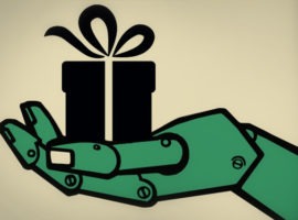 Una mano di robot/intelligenza artificiale tiene una confezione regalo. Il futuro dello shopping online ha personalizzazione, prove virtuali e personalizzazione per i clienti.