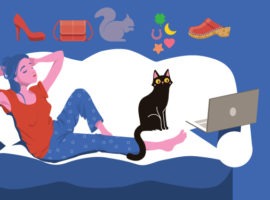 그녀의 고양이가 술에 취해 구매를 하는 동안 그녀의 노트북에서 물건들이 춤을 추고 있는 동안 한 여성이 만취 상태로 소파에 기대어 있습니다.