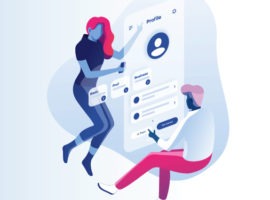 Gambar seorang wanita di smartphone dan seorang pria bekerja di belakang layar untuk meningkatkan pengalamannya melalui interpretasi data besar. Profil pelanggan menghidupkan preferensi orang dengan cara yang dapat ditindaklanjuti dengan data pihak pertama.