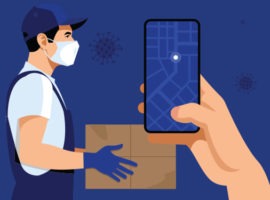 マスクされた手袋をはめた男がスマートフォンの横にあるボックスを持って立っており、パンデミック後の世界でのラストワンマイルの配達を表すgps座標を示しています。