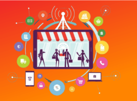 Imaginea unor oameni care fac cumpărături pe un ecran de computer desktop, echipate cu o vitrină și genți care reprezintă importanța unei strategii de personalizare DTC.