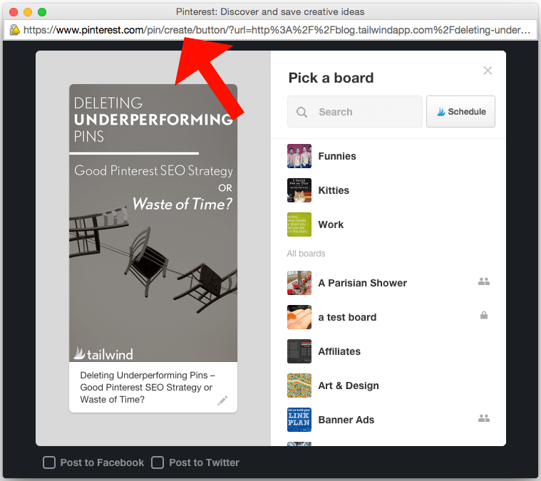 Pegue o URL do pop-up do Pinterest para criar um novo pin em um boletim informativo
