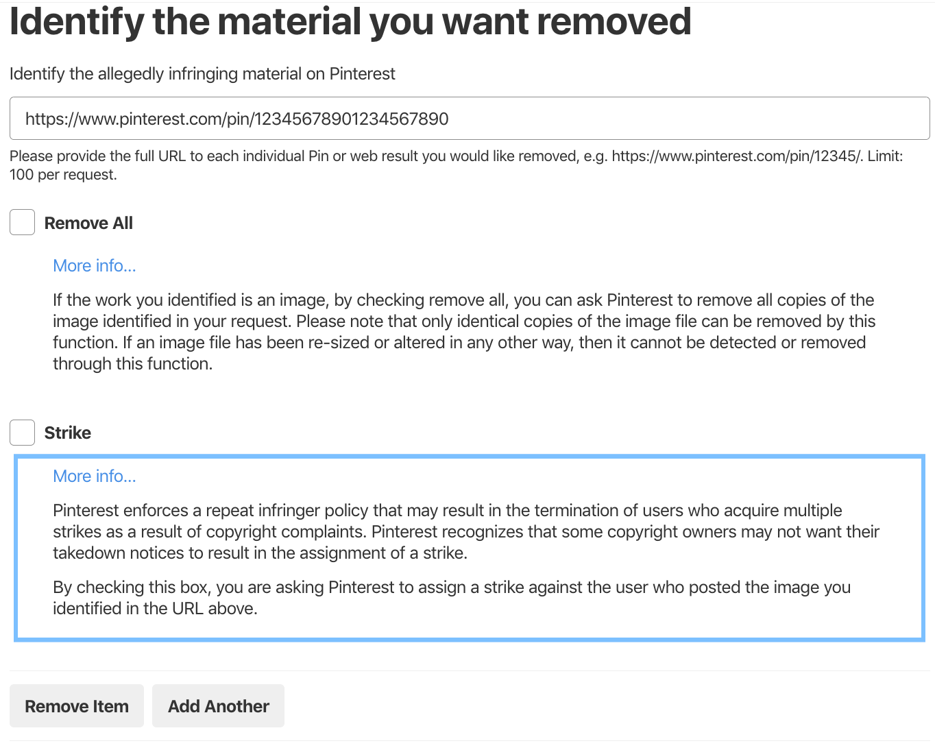 Pinterest segnala la schermata del problema del copyright