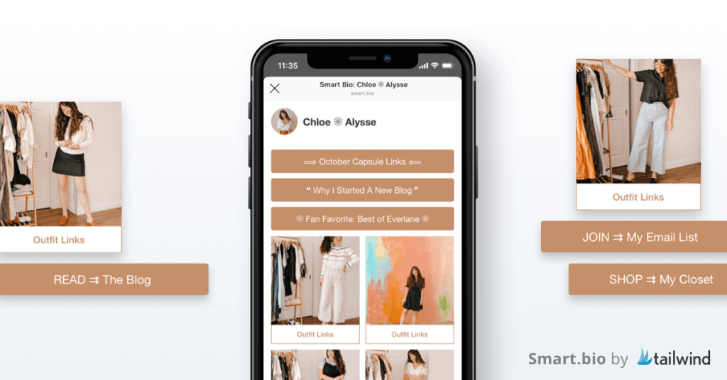 Smart.bio di Tailwind - screenshot della pagina di destinazione dell'influencer di Instagram Chloe Alysses