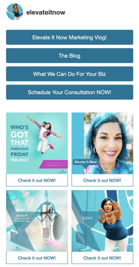 link în pagina de destinație bio cu link-uri butoane și postări