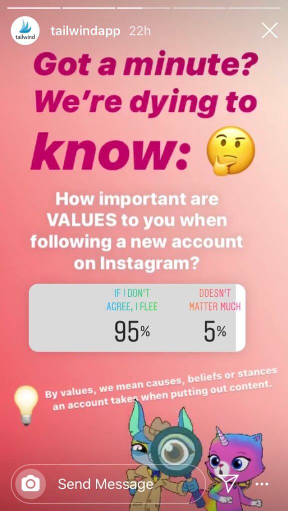 Encuesta de Instagram Stories sobre los valores de la marca al seguir nuevas cuentas de Instagram