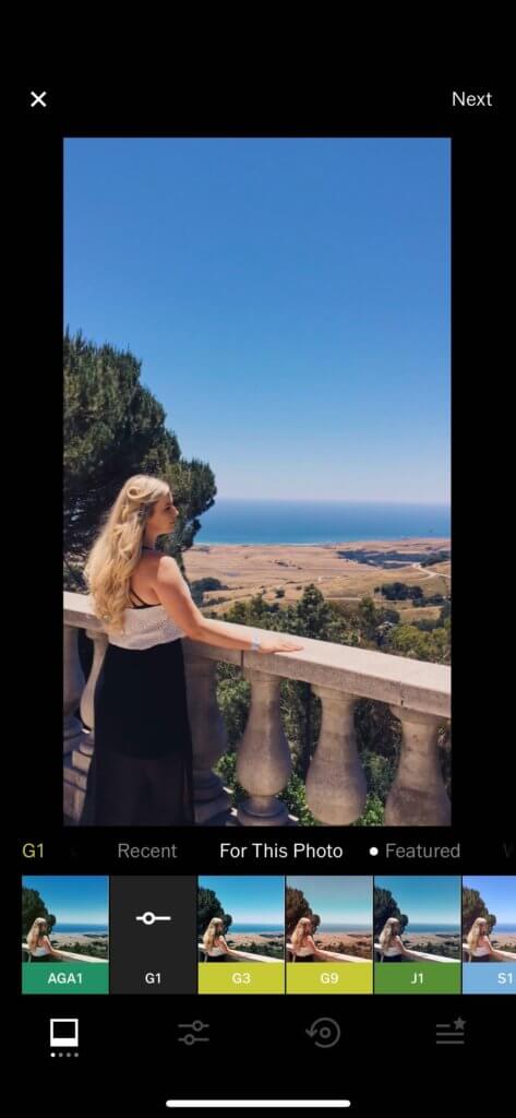 лучший фоторедактор для Instagram - VSCO - скриншот фотографии в приложении для редактирования с набором фильтров, доступных в нижней части экрана.