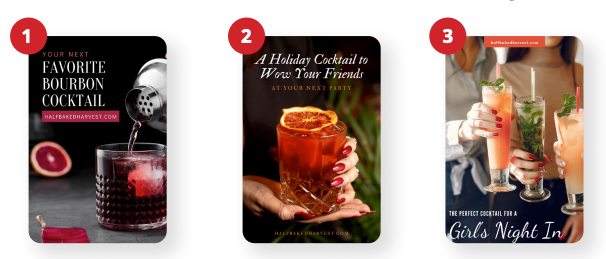 Cómo llegar a un público diferente y aparecer en diferentes resultados de búsqueda en Pinterest: tres ejemplos que llegan a bebedores de bourbon, anfitriones de fiestas navideñas y parejas que planean una boda.