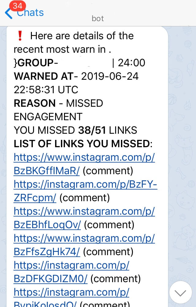 una advertencia de bot de un gran grupo de compromiso en instagram