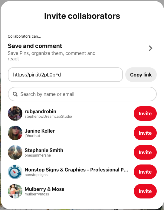 Fereastra pop-up Invitați colaboratori pe Pinterest