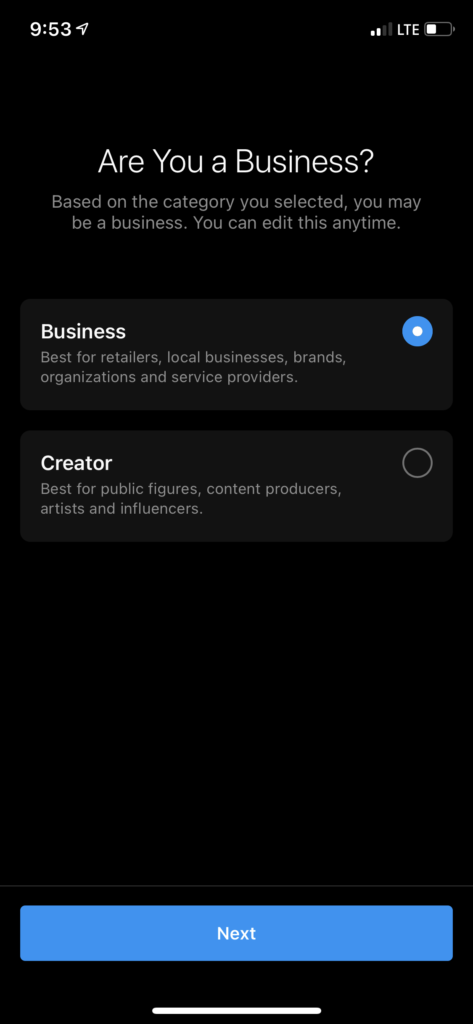 Instagramでビジネスアカウントを選択してください