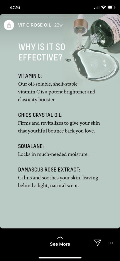 Image de l'histoire de biossance avec explication du produit et lien vers le haut pour la vente sur instagram