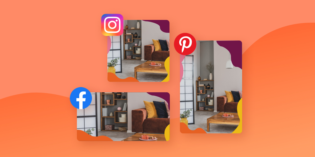 La stessa immagine di un divano e una libreria in stile per Instagram, Pinterest e Facebook