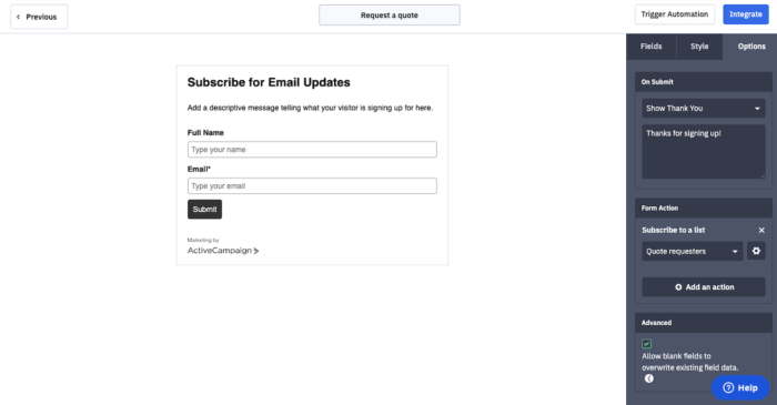 Activecampaign 양식 편집기
