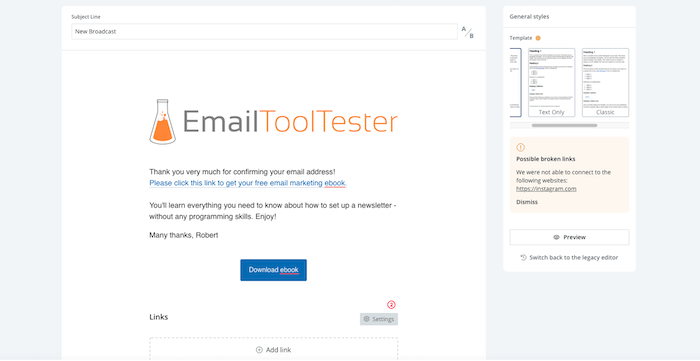 E-Mail-Editor von Convertkit