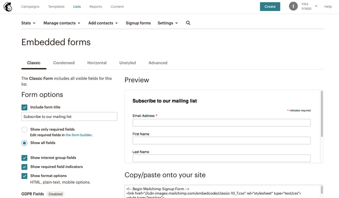 MailChimp 포함 양식