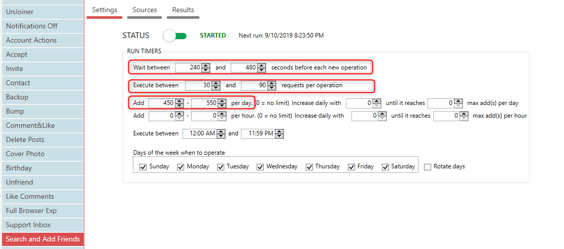 Suchen und Hinzufügen von Freunden Jarvee Tool-Einstellungen