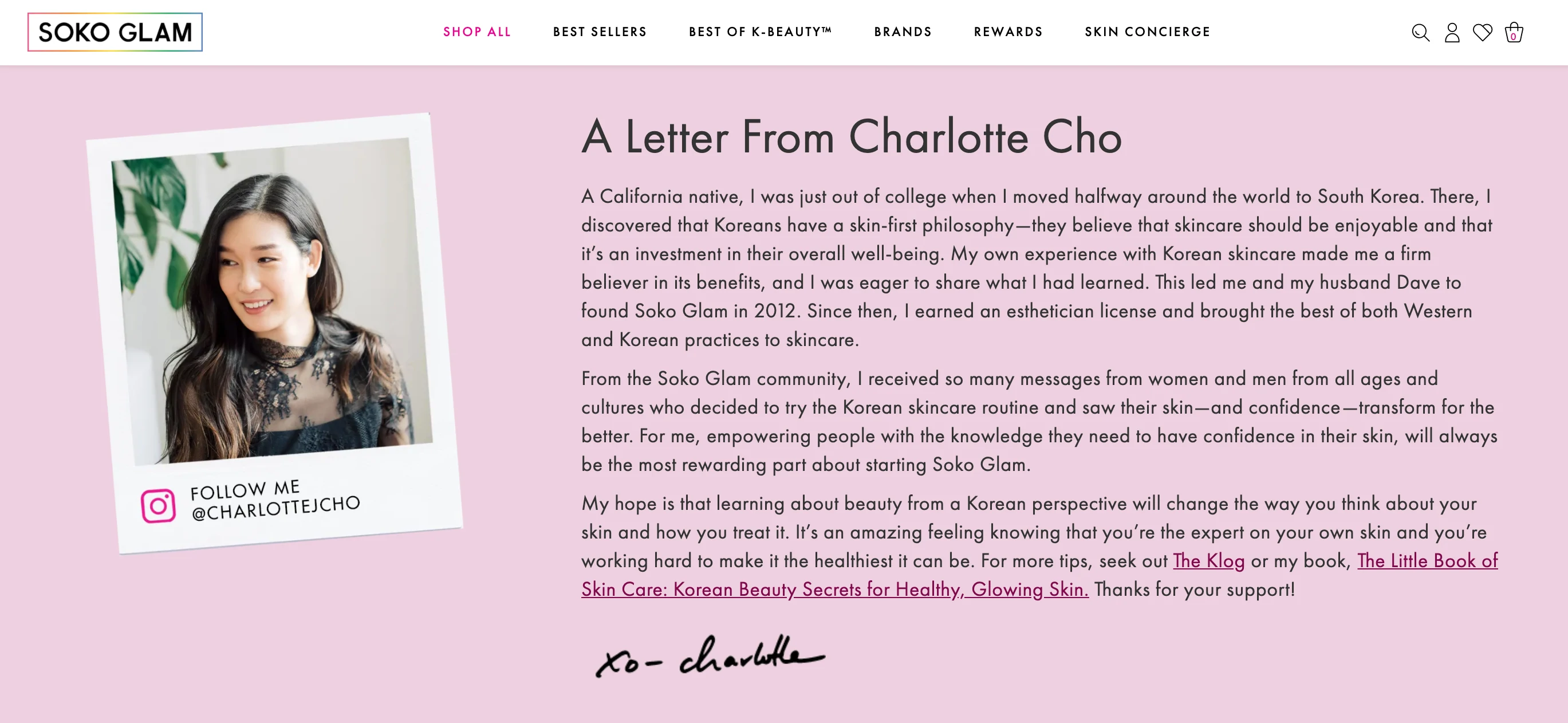 Soko Glam'in Hakkında Sayfasının veya markanın çevrimiçi mağazasının ekran görüntüsü