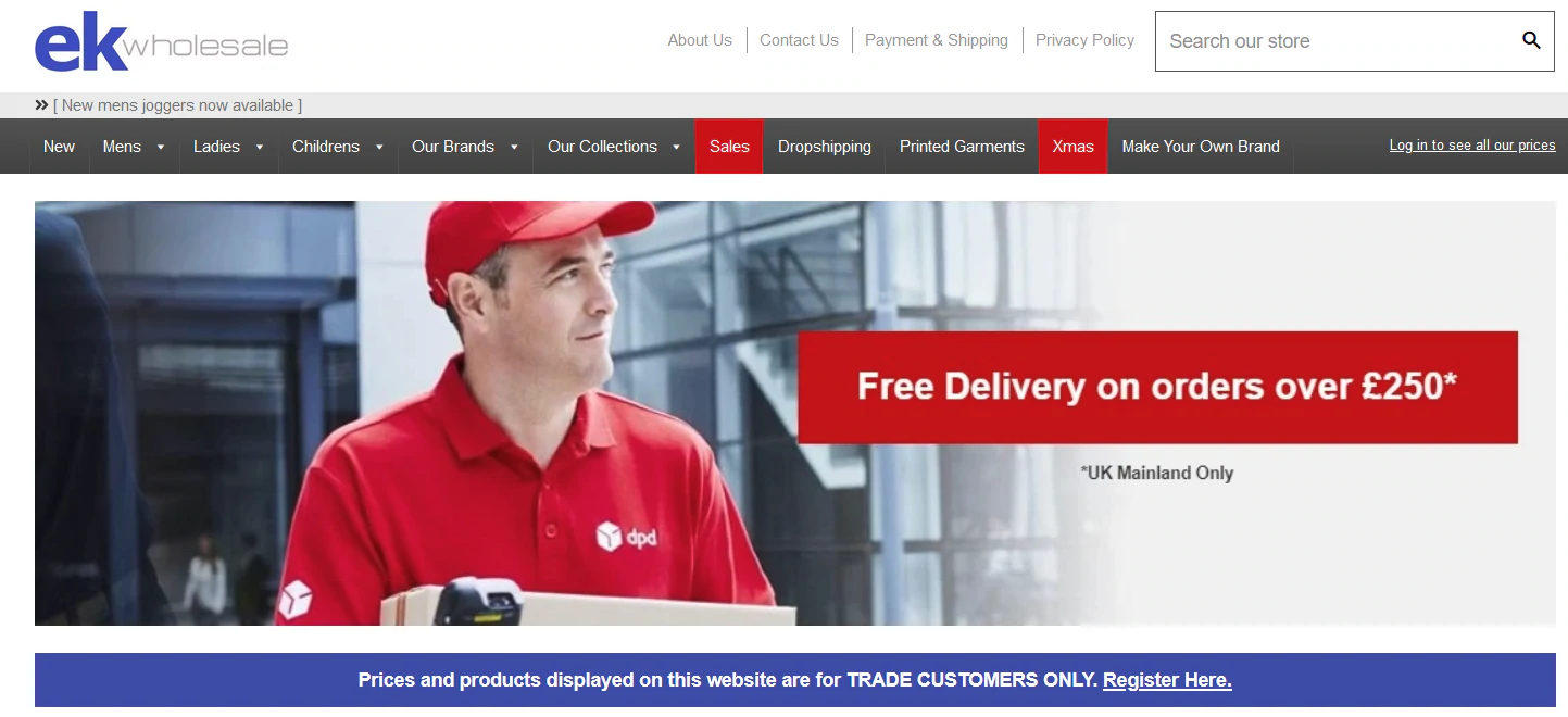 ek البيع بالجملة لقطة شاشة الصفحة الرئيسية