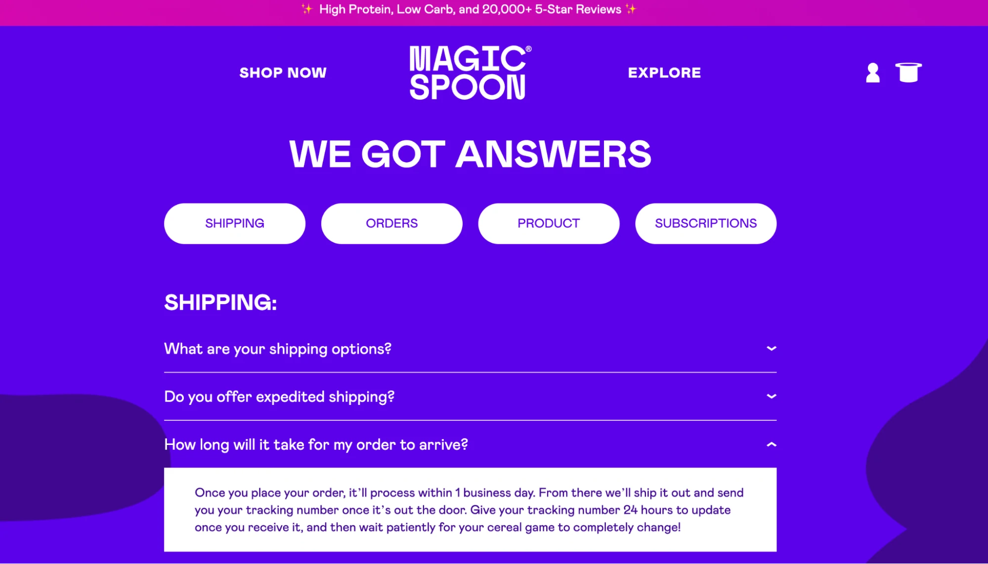 Copywriting pintar yang muncul di halaman FAQ Magic Spoon.