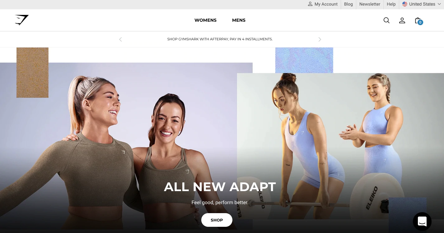 Ein Homepage-Beispiel von Gymshark, einer bekannten Direct-to-Consumer-Marke