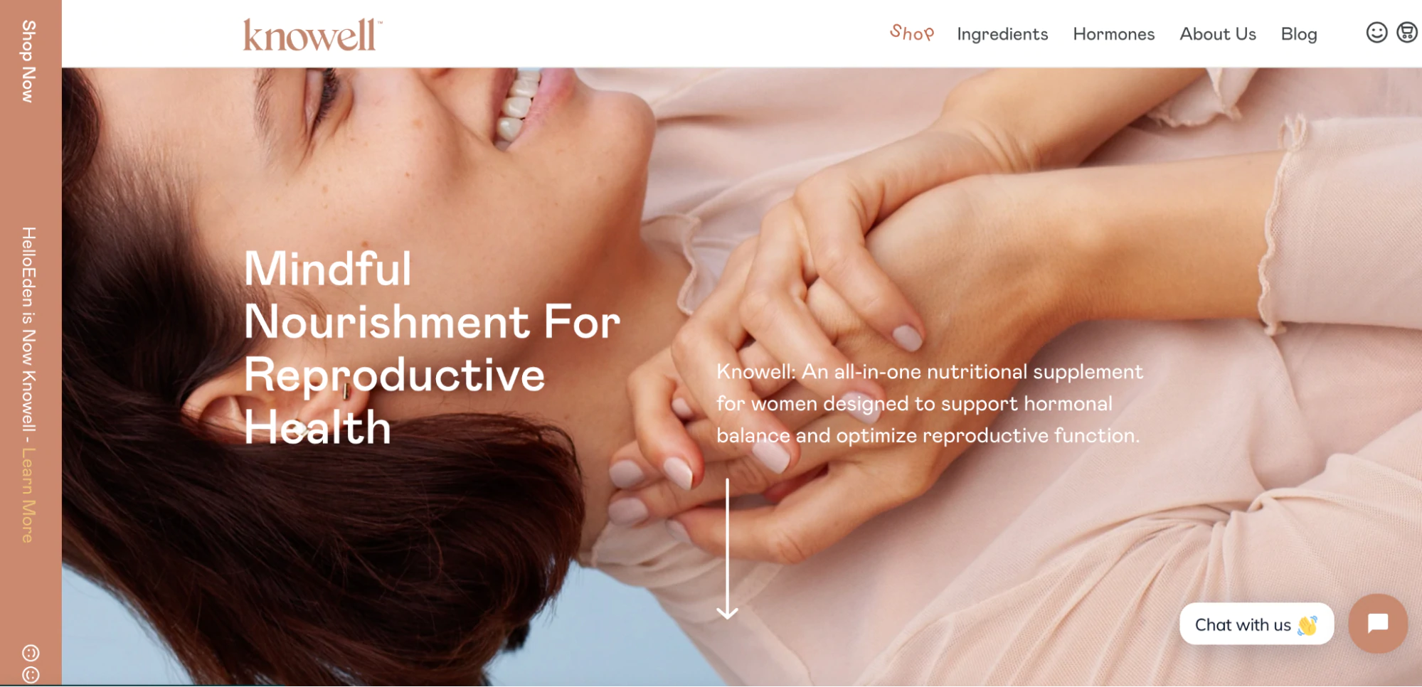 Das Webdesign von Knowell hebt Informationen über die Nahrungsergänzungsmittel des Unternehmens hervor