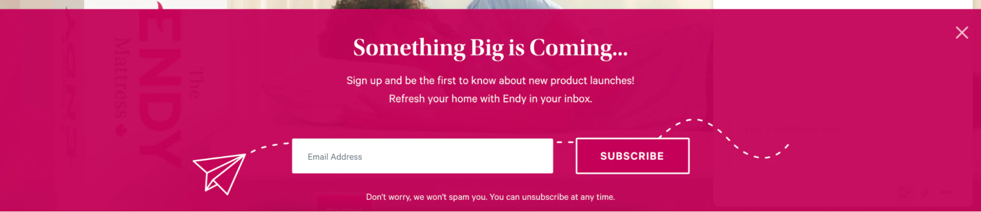 Ein Call-to-Action-Beispiel von Endy, das potenzielle Kunden nach ihrer E-Mail-Adresse fragt.